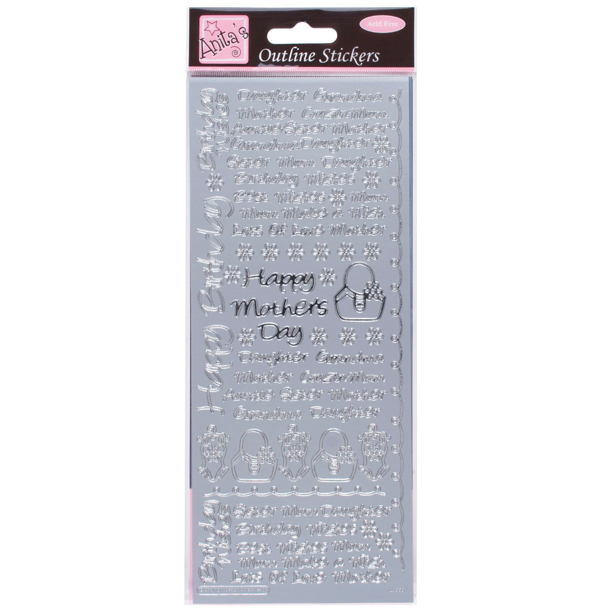 Anitas peel off outline stickers - Female Text Silver