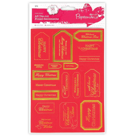 Papermania Foiled A5 Christmas sentiment toppers & tags - Red